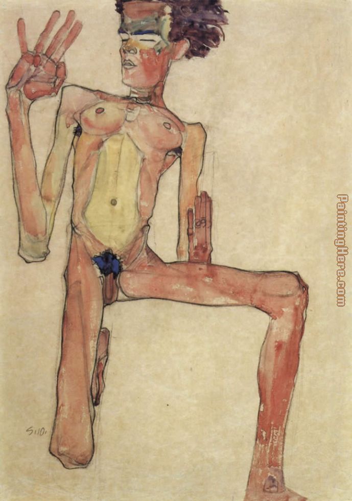 Kneeling act selfportrait painting - Egon Schiele Kneeling act selfportrait art painting